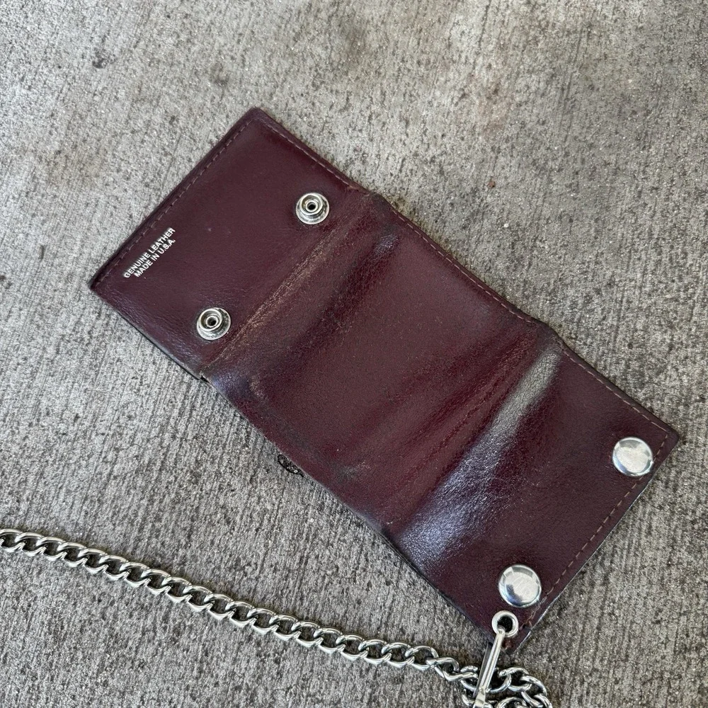 Vintage Brown Leather Chain Wallet Made in USA  Tri-Fold Snap Biker